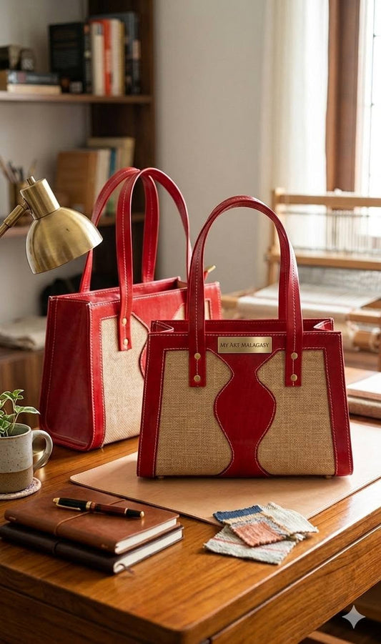 Sac Romar – Sac en Raphia et Cuir Rouge